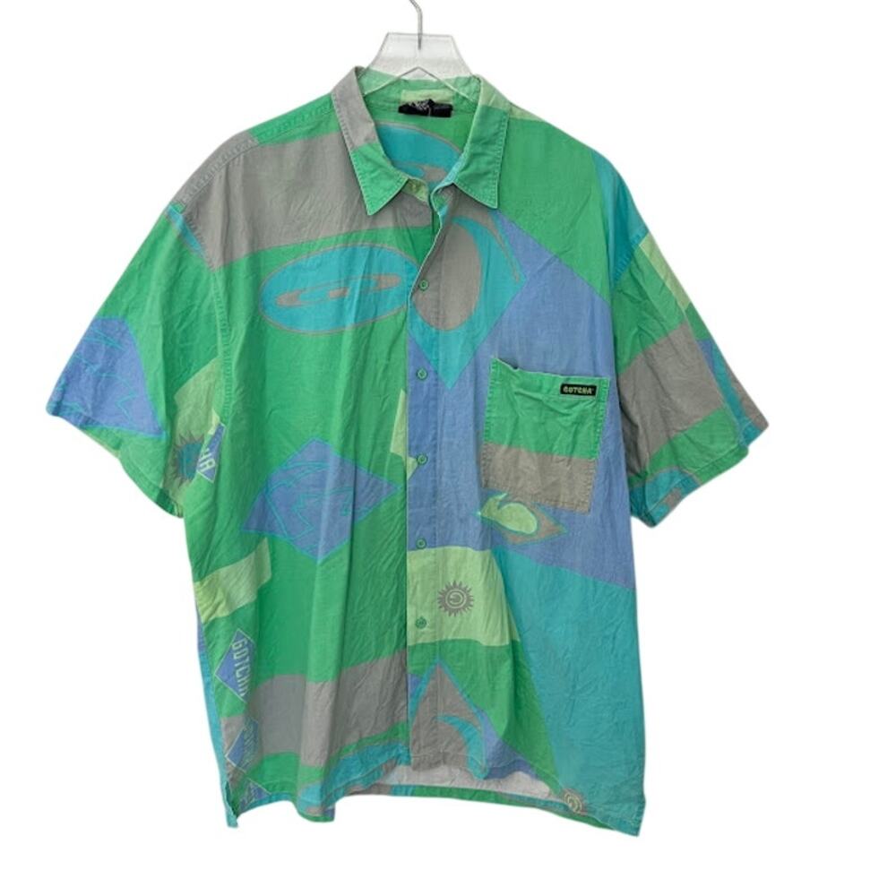 Vintage GOTCHA Short Sleeve Button-Up Shirt XL Green Blue Geometric Print;